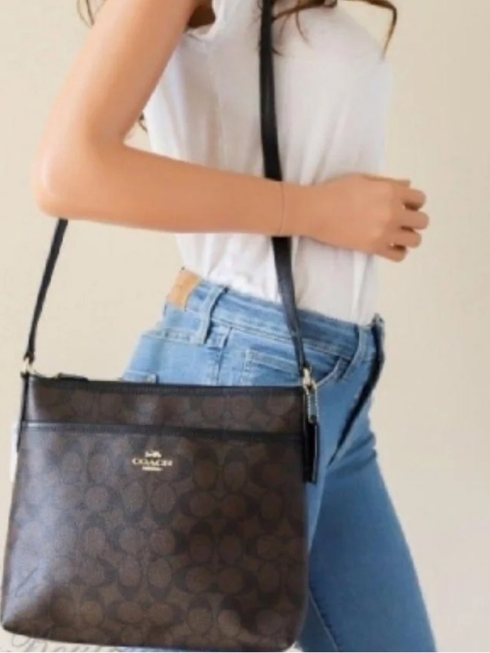 Coach Dark Brown Signature Crossbody Bag with Black Strap